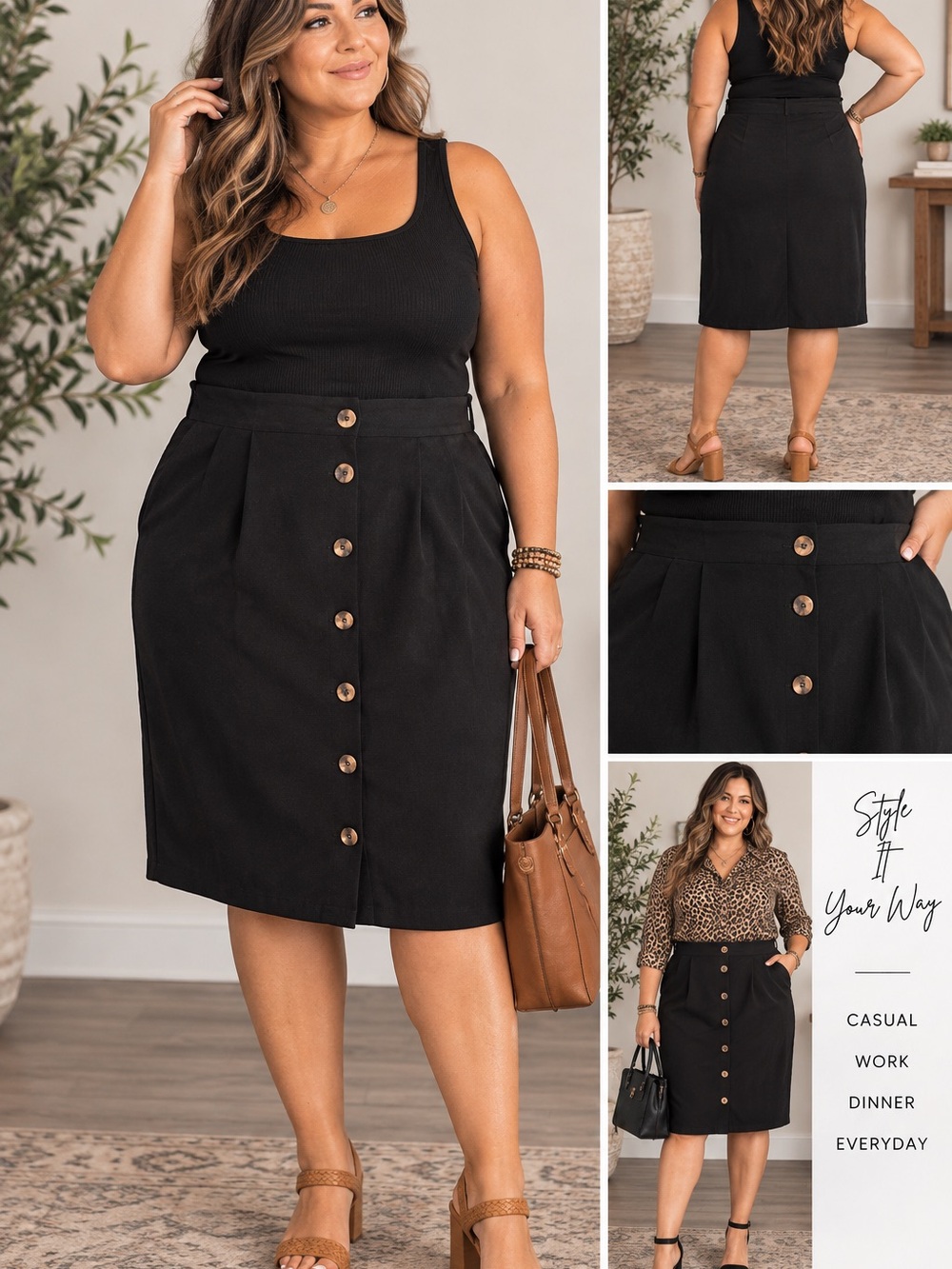 SHEIN Black Button-Front Midi Skirt
